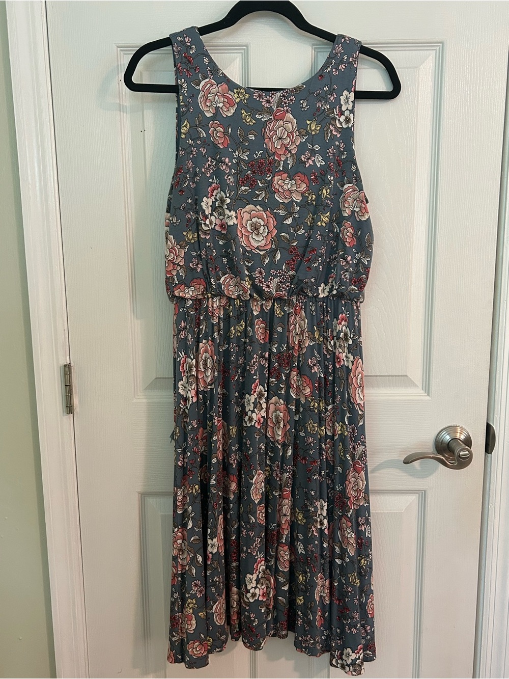 LOFT Blue Floral Midi Dress with Tie Back